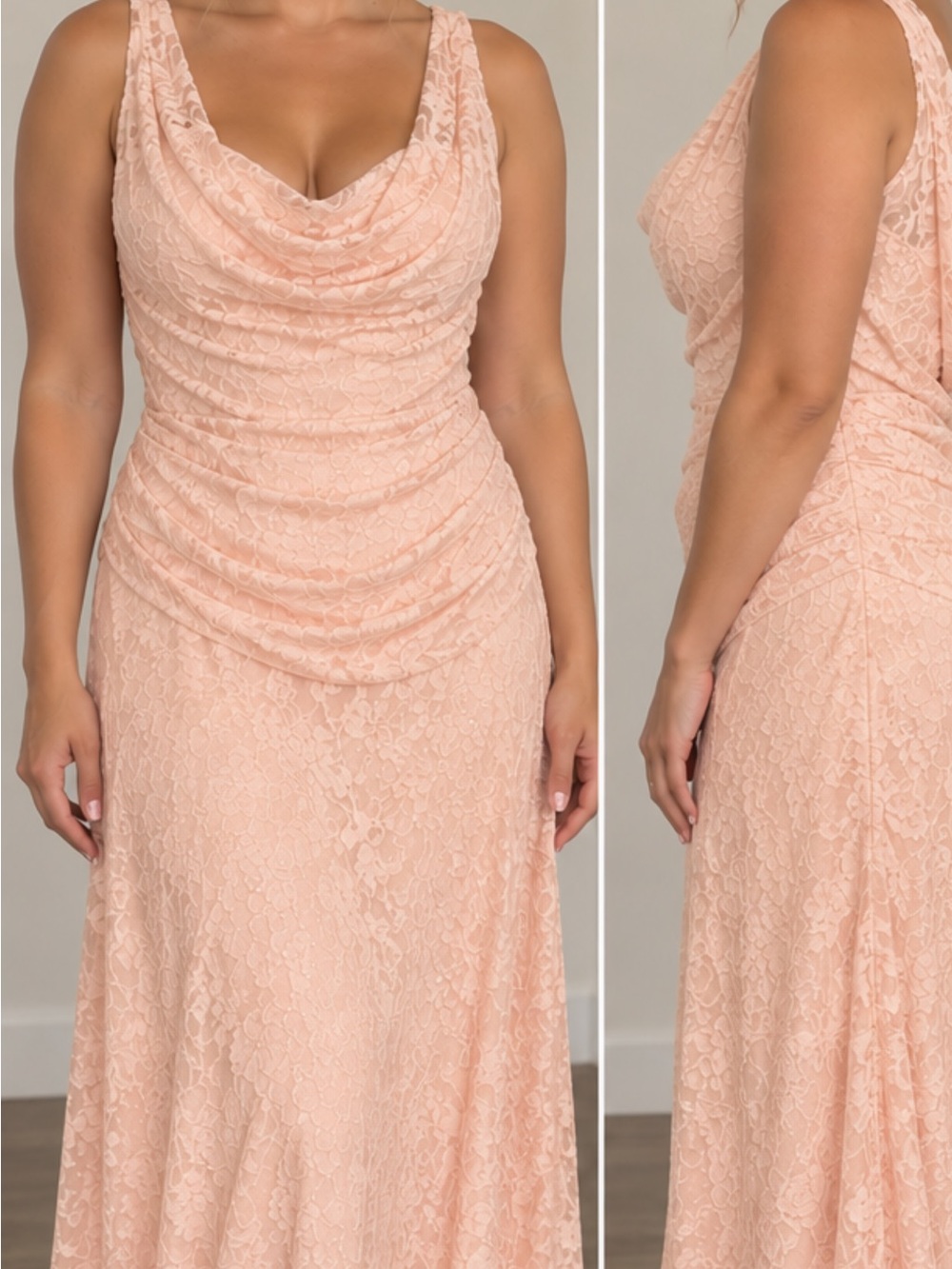 Elegant Peach sparkly Lace Draped Evening Dress